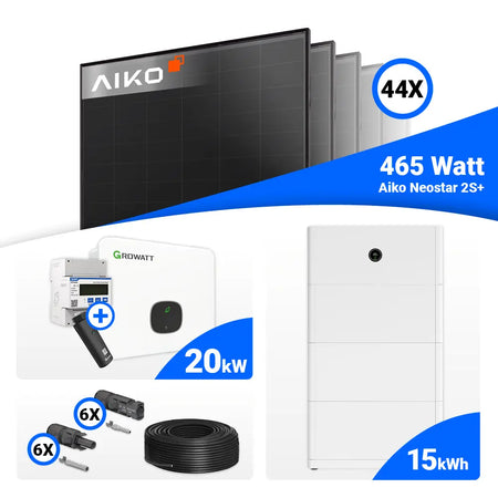 Photovoltaik Komplettpaket 20 kWp – 44x AIKO 465W Full Black, Growatt MID20KTL3-XH 20 kW, speicherfähig.