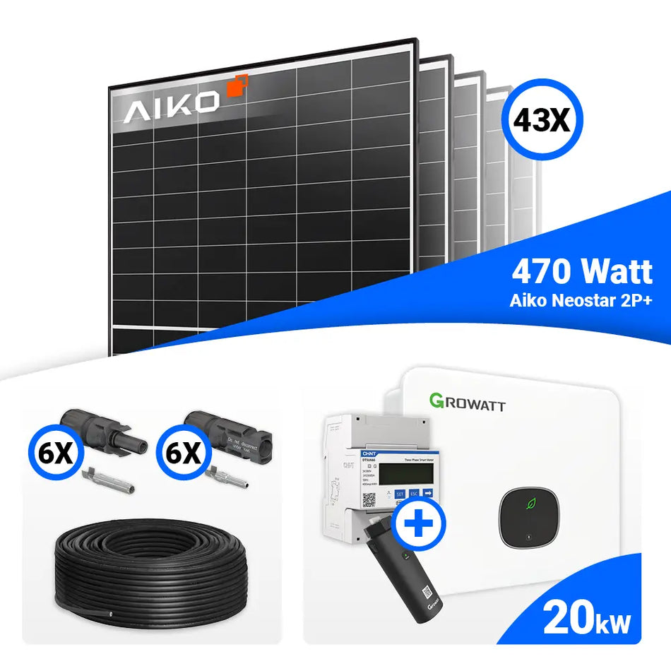 PV Komplettset 20 kWp – 43x AIKO 470W Black Frame & Growatt MID20KTL3-XH mit Speicheroption