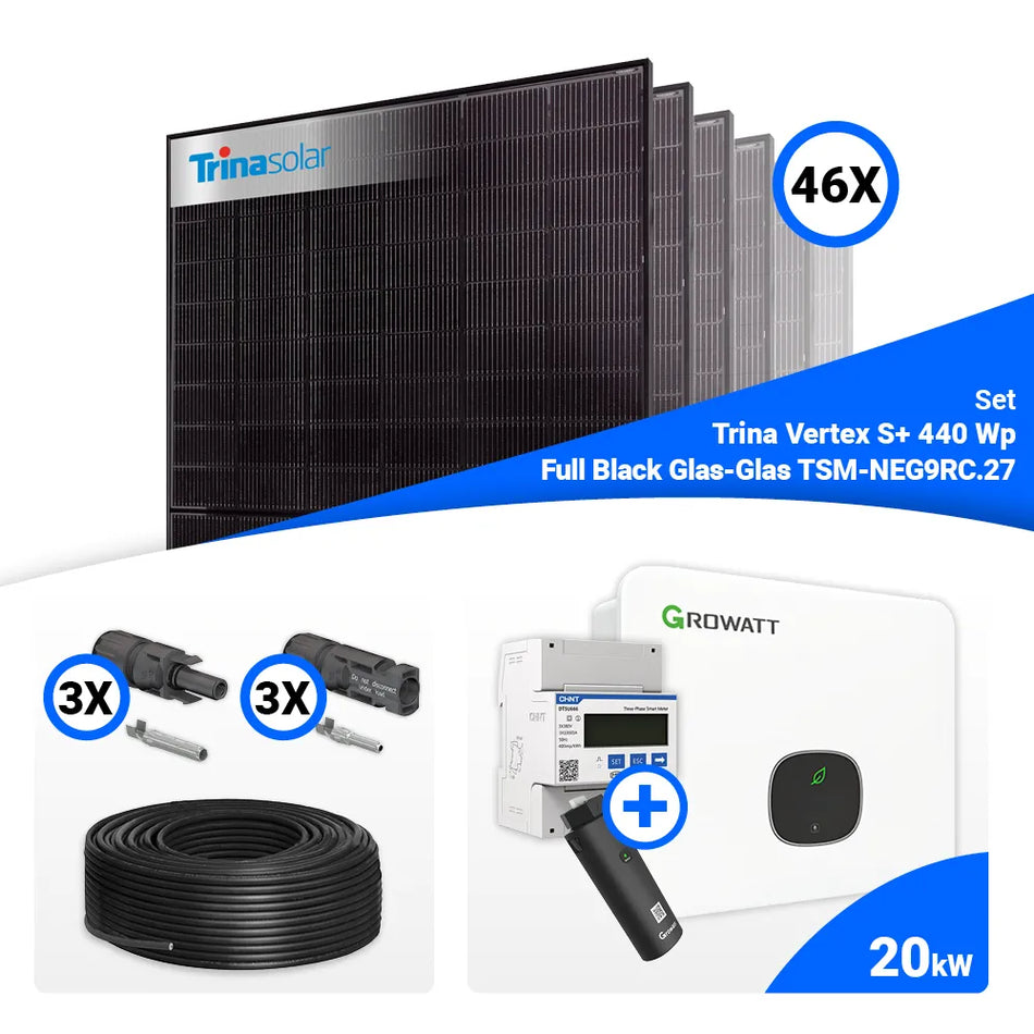 PV Komplettset 20 kWp – 46x Trina 440W Full Black Bifazial & Growatt MID20KTL3-XH mit Speicheroption