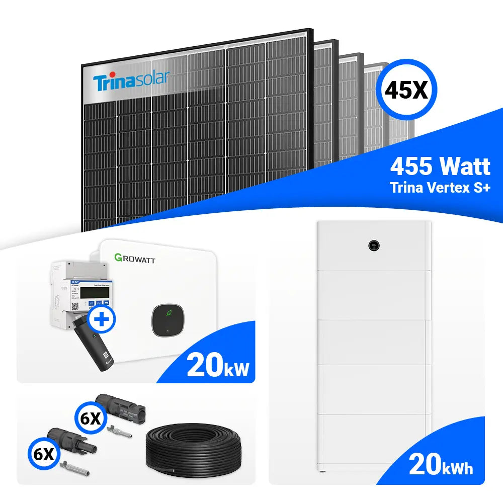 PV Komplettanlage 20 kWp mit 45x Trina 455W Black Frame und Growatt MID20KTL3-XH, optional mit Speicheranbindung.