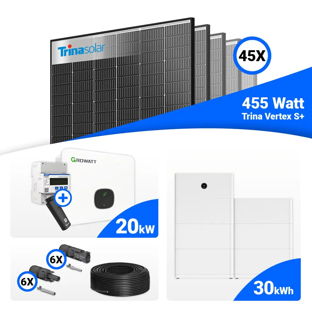 20 kWp Photovoltaik-Set mit 45 Trina 455W Modulen (Black Frame) und Growatt MID20KTL3-XH 20kW Wechselrichter, Speicheroption.