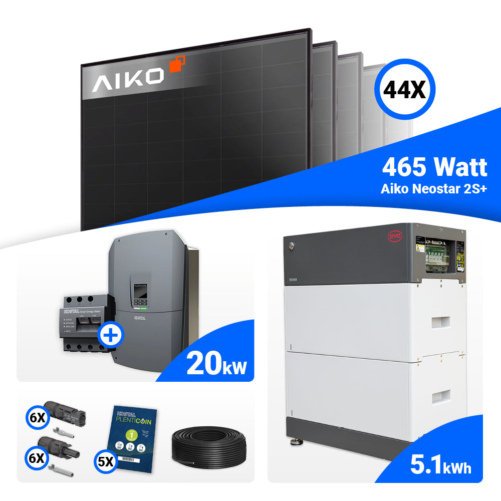 20 kWp Photovoltaik Komplettanlage: 44x AIKO 465W Full Black plus Kostal Plenticore G3 L Hybridwechselrichter