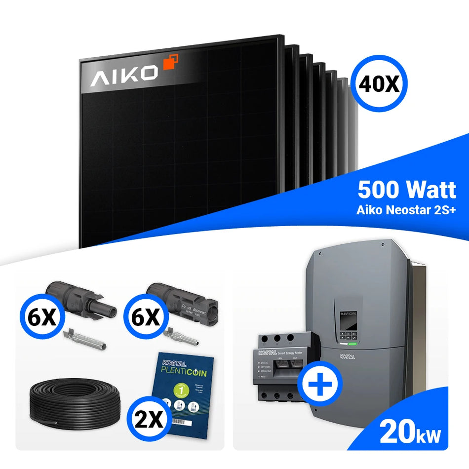 PV Komplettset 20 kWp – 40x AIKO 500W Full Black & Kostal G3 L Plenticore mit Speicheroption