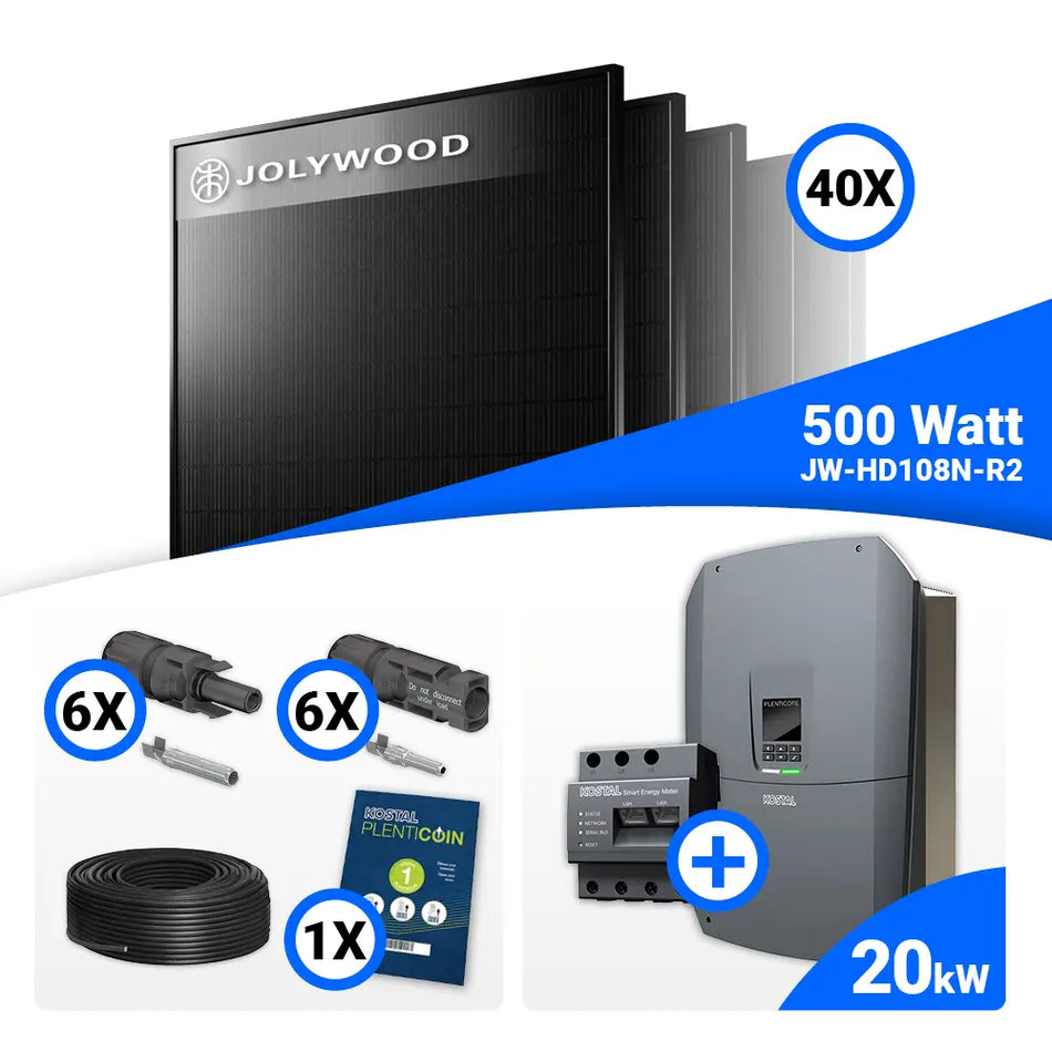 PV Komplettset 20 kWp – 40x Jolywood 500W Full Black & Kostal G3 L Plenticore mit Speicheroption