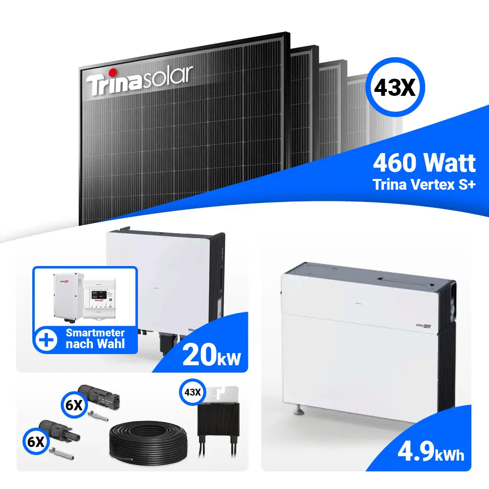 20 kWp PV-Komplettset mit Trina 465W Modulen und Speicher: SolarEdge Nexis Battery Stack 5