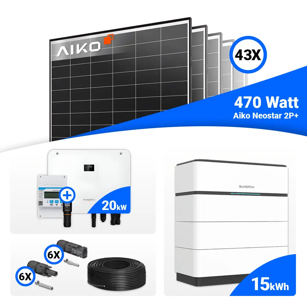 PV-Komplettpaket 20 kWp – 43 AIKO 470W Module und Sungrow SH20T, optional mit Stromspeicher.