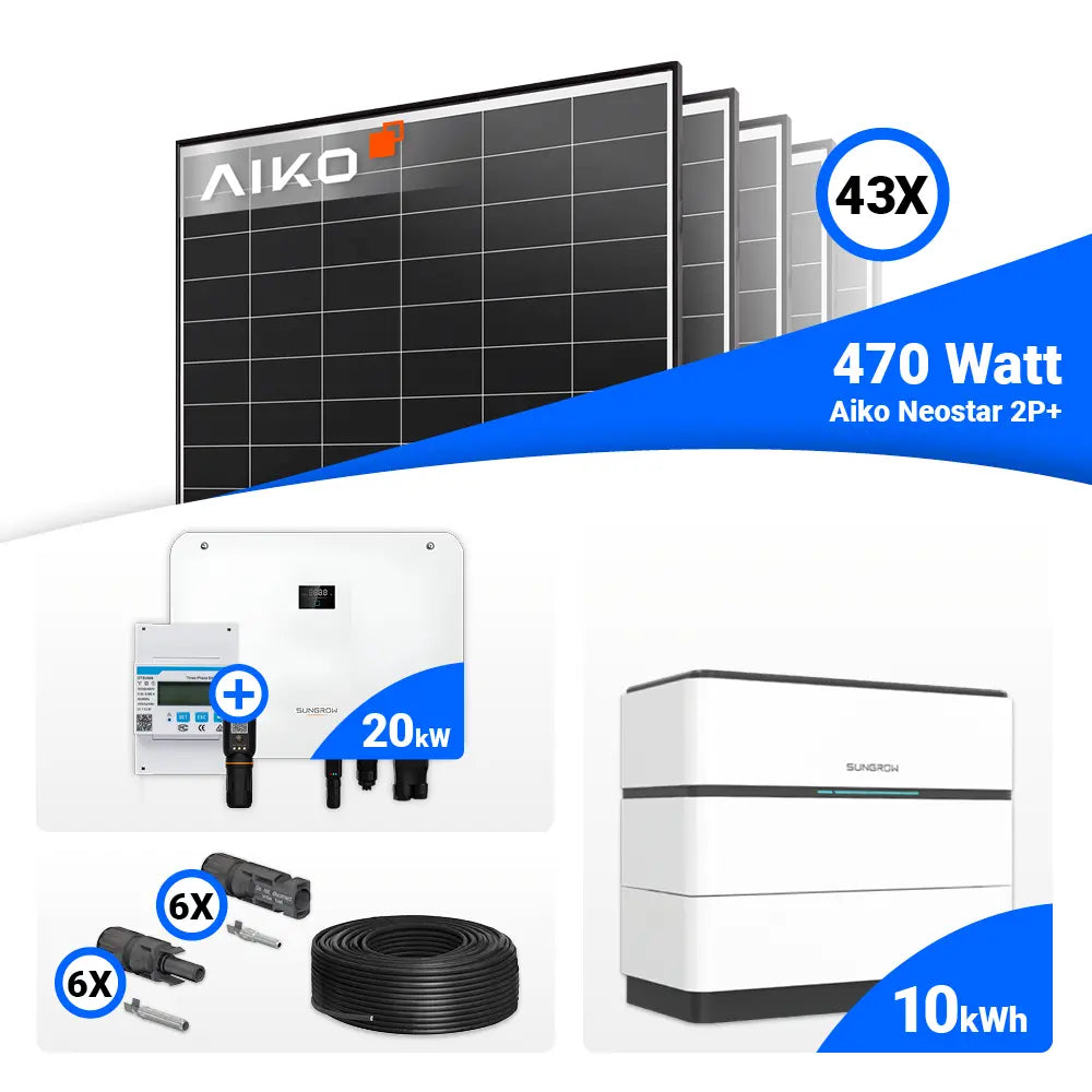 20-kWp-Solarsystem: 43 AIKO 470W Solarmodule plus Sungrow SH20T, kompatibel mit Batteriespeichern.