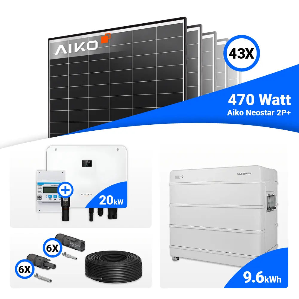 20-kWp-Photovoltaikset: 43 AIKO 470W Black Frame Module plus Sungrow SH20T Hybrid-Wechselrichter, optional mit Speicher.