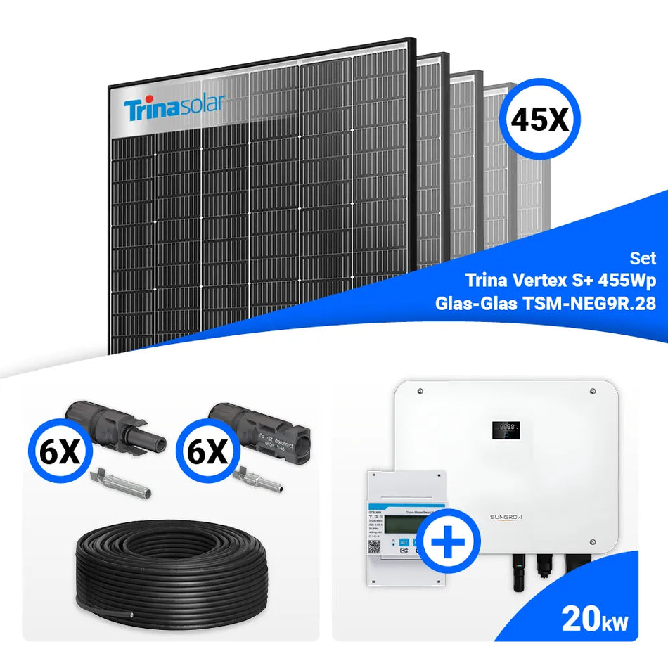 PV Komplettset 20 kWp – 45x Trina 455W Black Frame & Sungrow Hybrid SH20T mit Speicheroption