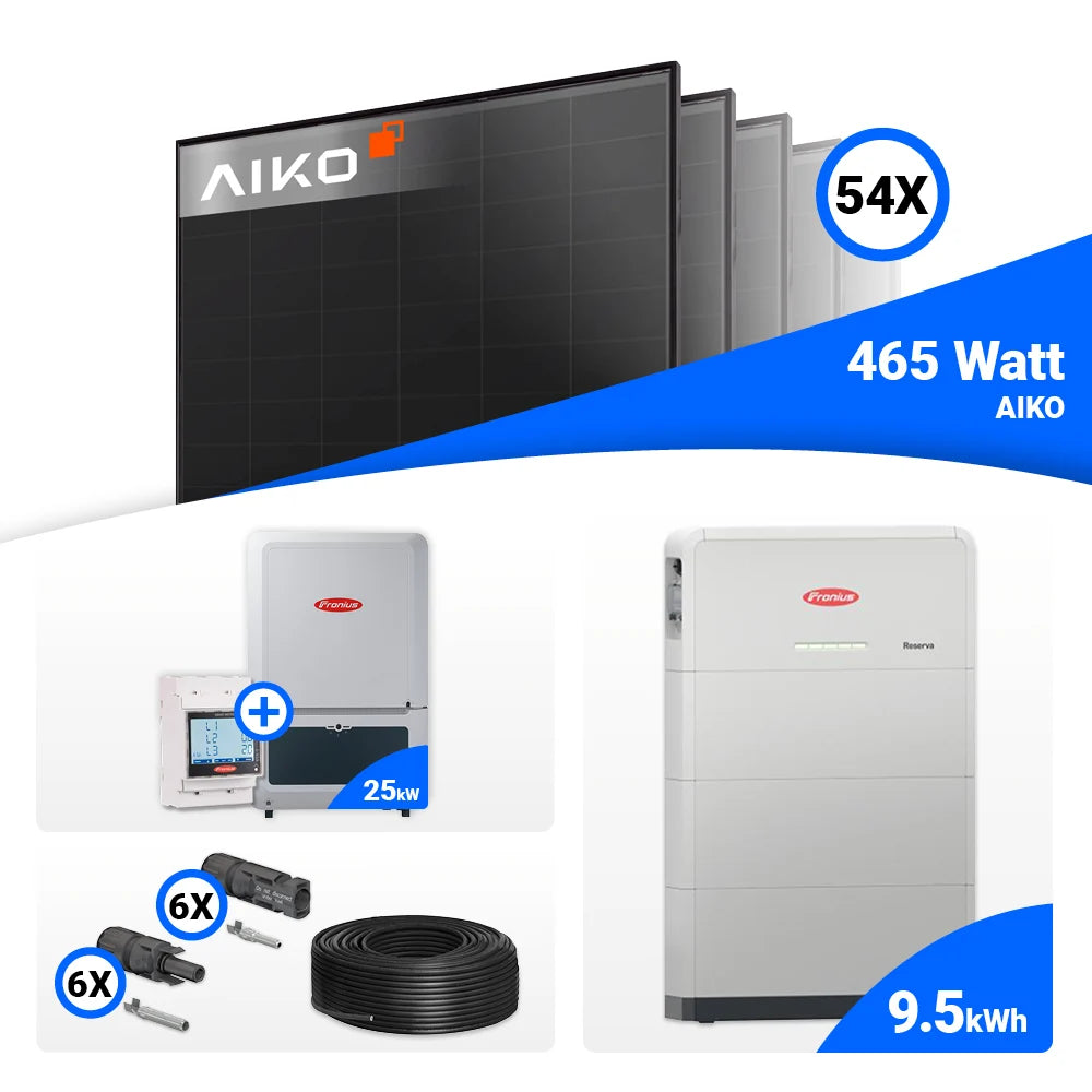 Das 25-kWp PV-Komplettpaket kombiniert hocheffiziente AIKO Module mit smarter Fronius Technik und lässt sich ideal durch HVB oder Reserva Energiespeicher erweitern.