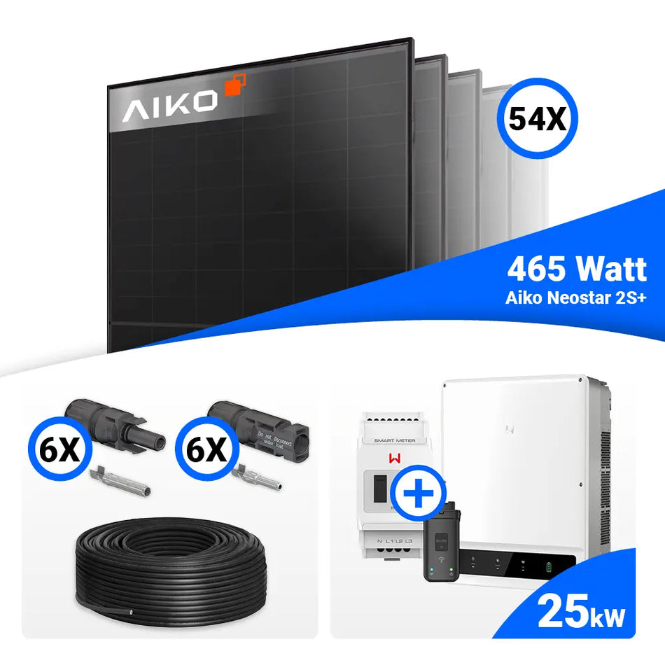 PV-Komplettset 25 kWp mit 54 × AIKO Neostar 2S+ Full Black Solarmodulen (465 W) und GoodWe GW25K-ET Hybridwechselrichter inklusive Smart Meter. Premium Photovoltaikanlage mit Komplettzubehör für Eigenverbrauch und Gewerbe – erhältlich bei SH24.