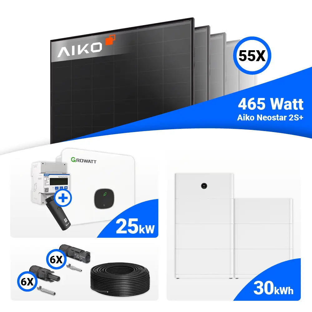 25 kWp Photovoltaik-Set: 55x AIKO Neostar 2S+ 465W Full Black, Growatt 25kW Wechselrichter, Speicheroption ausgewiesen.