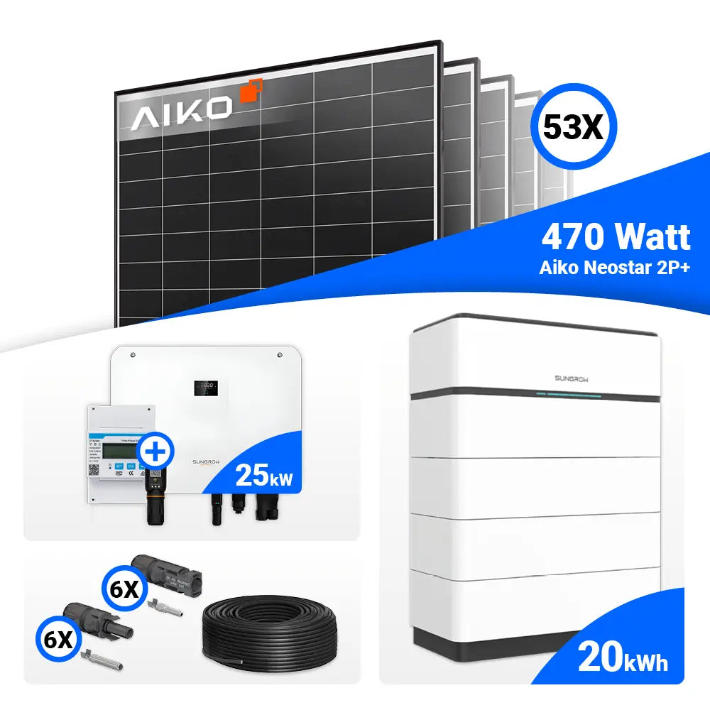 Solarkomplettset 25 kWp mit 53 AIKO 470W Panels und Sungrow SH25T – effiziente Energieerzeugung.