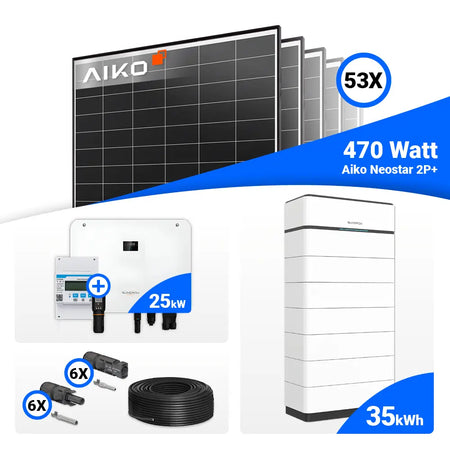 25-kWp-PV-Anlage: AIKO 470W Module kombiniert mit Sungrow SH25T Hybrid-Wechselrichter.