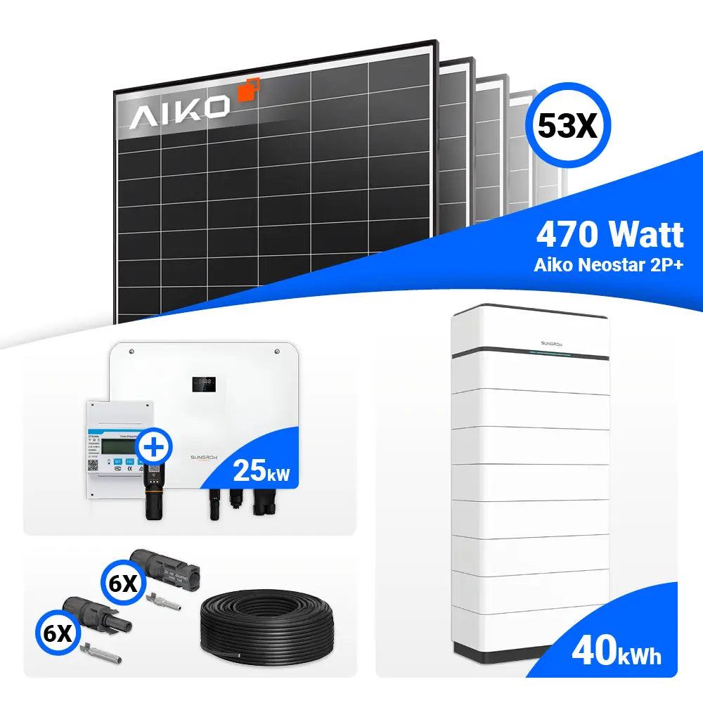 PV-Komplettset 25 kWp – hochwertige AIKO 470W Module plus Sungrow SH25T, Speicheroption verfügbar.