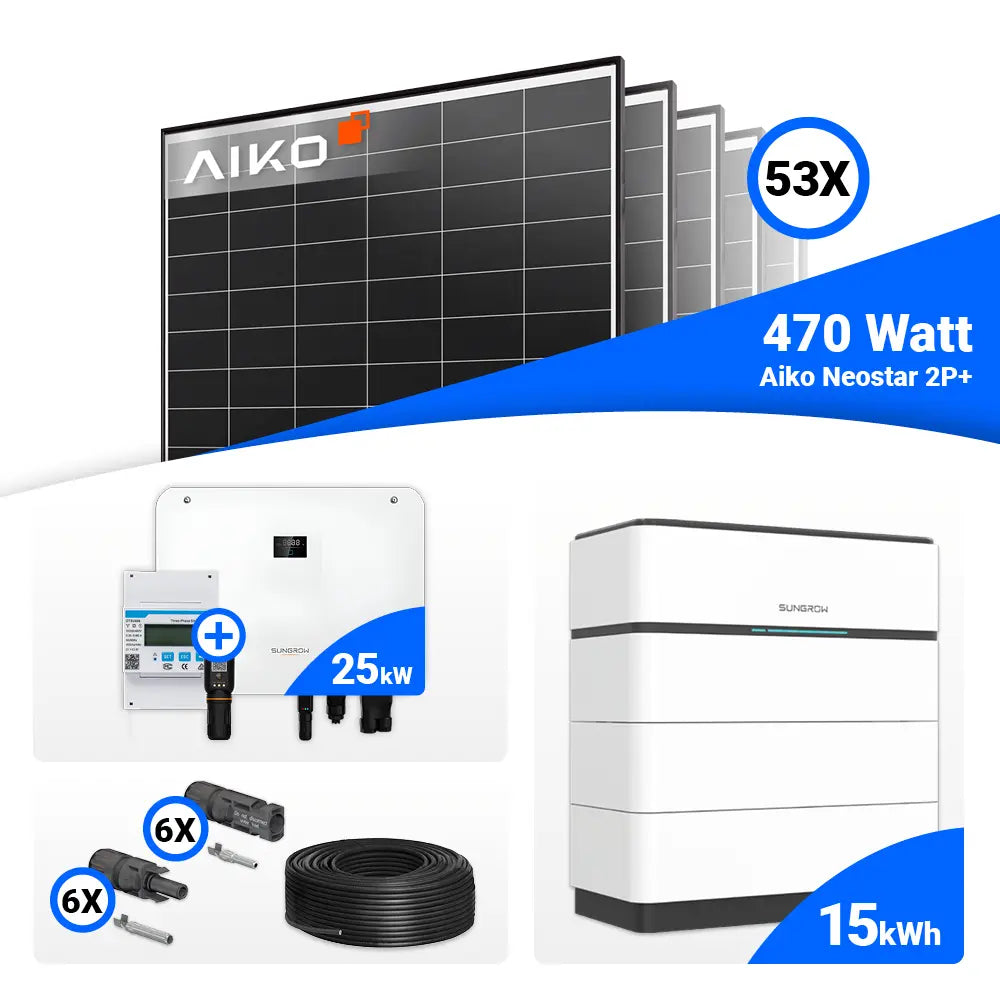 PV-Komplettpaket 25 kWp – 53 AIKO 470W Module und Sungrow SH25T, optional mit Stromspeicher.