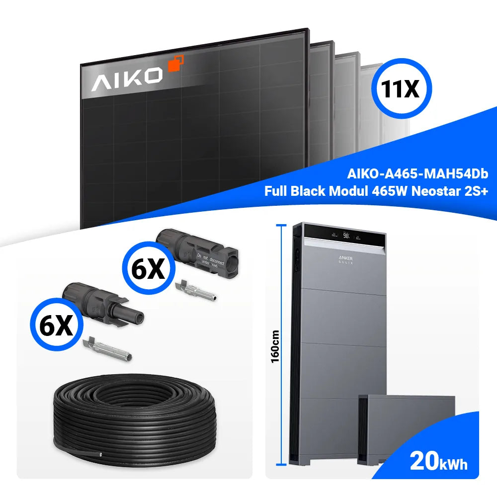 Solaranlage Komplettset 5 kWp für Eigenverbrauch: 11x AIKO 465W Full Black Module & Anker SOLIX X1-H5K-T – Speicheroption