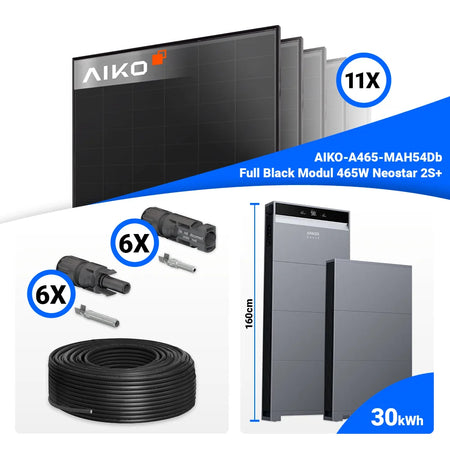 Photovoltaik Komplettpaket 5 kWp: 11x AIKO 465W Full Black Solarpanels + Anker SOLIX X1-H5K-T – erweiterbar mit Speicher
