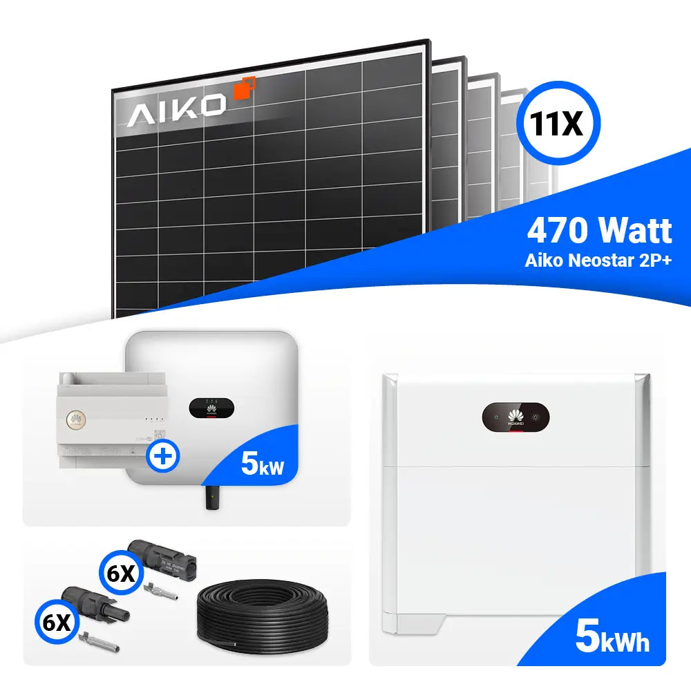 Komplettes 5-kWp Solarsystem mit AIKO Black Frame Modulen und Huawei Speicherlösung.