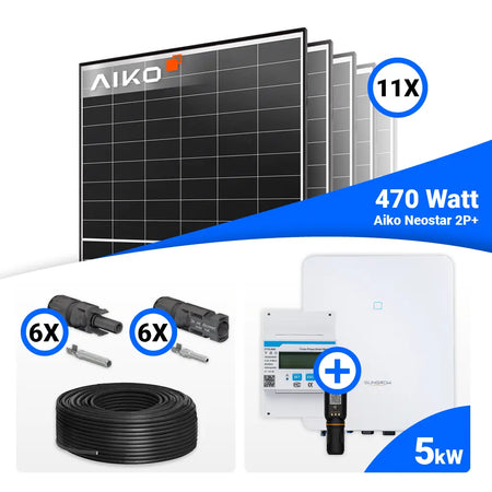 PV-Komplettset 5 kWp mit 11 AIKO 470W Black Frame Solarmodulen und Sungrow SH5.0RT-20 Hybrid-Wechselrichter, optional mit Speicher – effiziente, platzsparende Photovoltaikanlage für Eigenheim-Stromerzeugung.