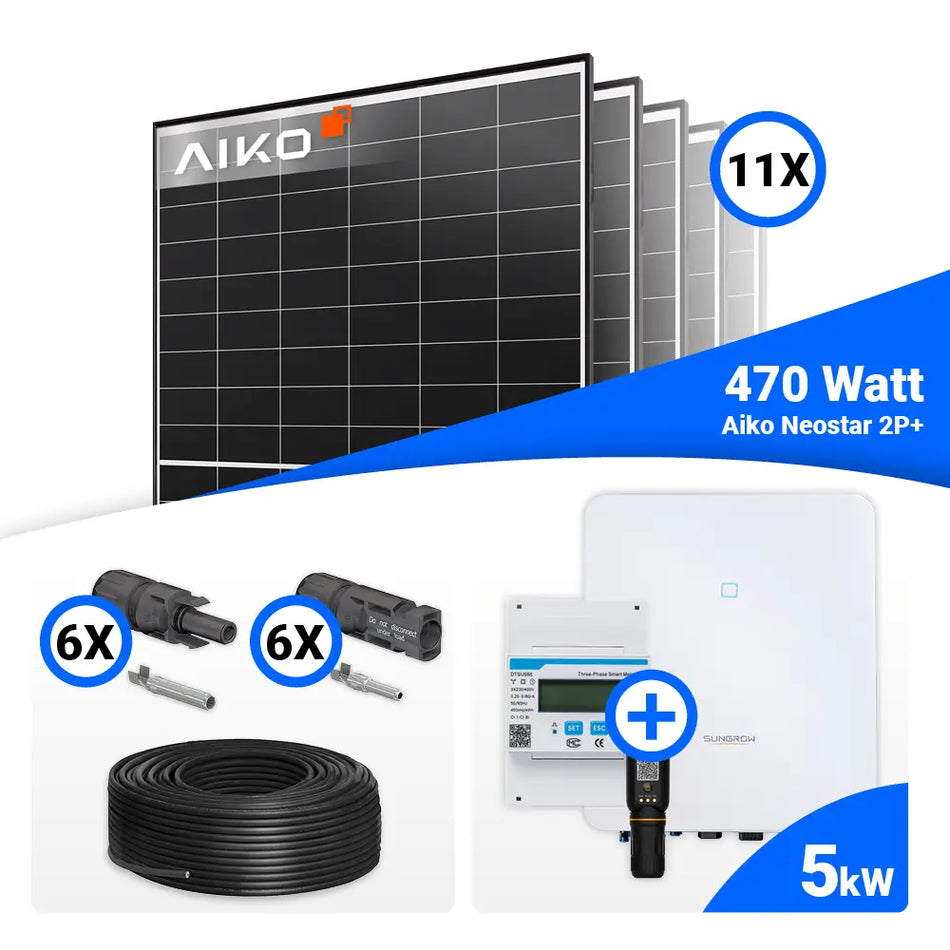 PV-Komplettset 5 kWp mit 11 AIKO 470W Black Frame Solarmodulen und Sungrow SH5.0RT-20 Hybrid-Wechselrichter, optional mit Speicher – effiziente, platzsparende Photovoltaikanlage für Eigenheim-Stromerzeugung.