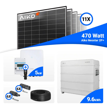 „PV-Komplettset 5 kWp mit 11 AIKO 470W Modulen, Sungrow SH5.0RT-20 und Speicheroptionen SBR064/SBR096 – effiziente Lösung für Eigenheim-Solarstrom.