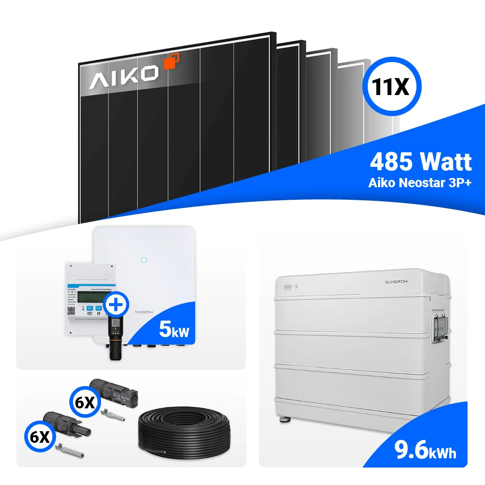 Solaranlage 5 kWp Set inklusive 11 AIKO 485W Black Frame Modulen und Sungrow SH5.0RT-20 Hybridwechselrichter.