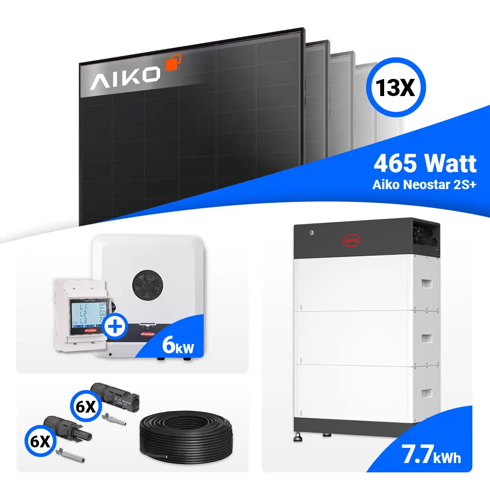 Photovoltaik Set 6 kWp mit 13 AIKO 465W Full Black und Fronius SYMO GEN24 6.0 Plus Hybridwechselrichter