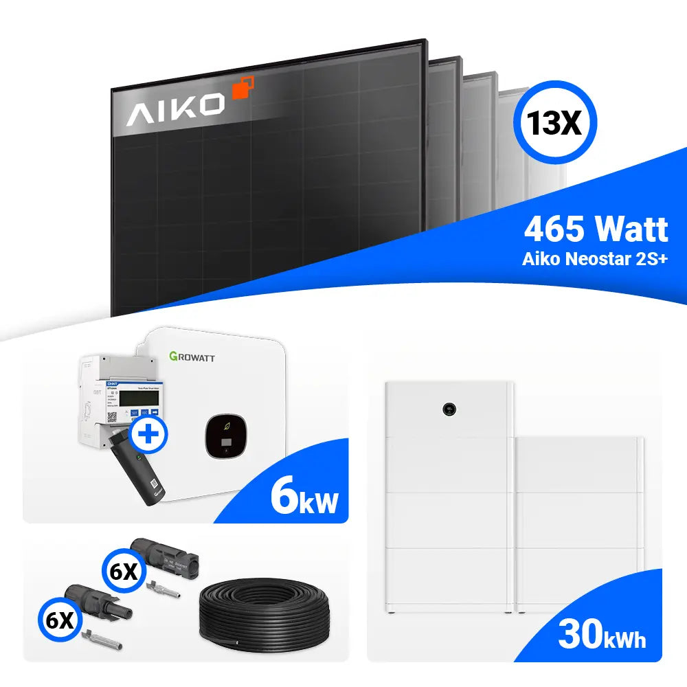 6 kWp Photovoltaik-Set mit 13 AIKO Neostar 2S+ 465W Full Black und Growatt MOD 6000TL3-XH BP Wechselrichter, Speicheroption.
