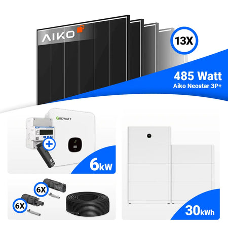 PV Komplettanlage 6 kWp mit AIKO 485W Hochleistungsmodulen und Growatt MOD 6000TL3-XH BP Hybrid-Wechselrichter.