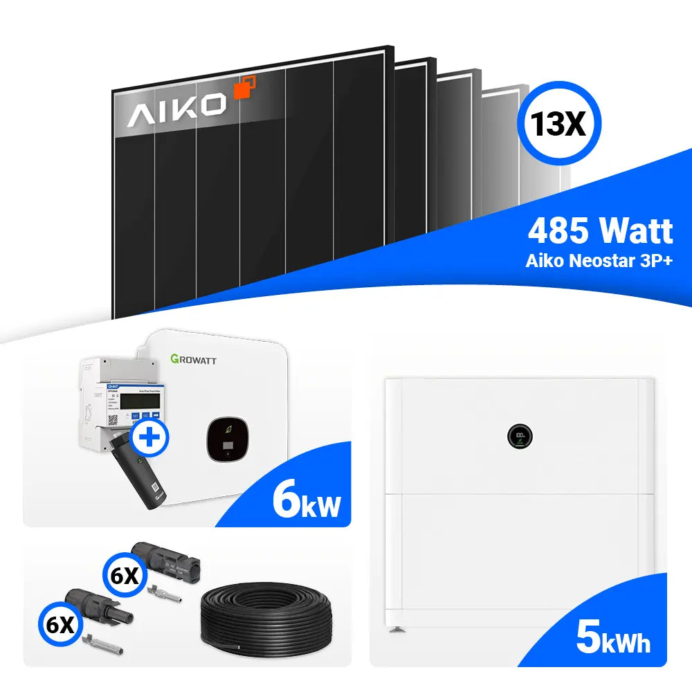 6 kWp Photovoltaik-Komplettanlage mit AIKO 485W Black Frame und Growatt MOD 6000TL3-XH BP Hybrid-Wechselrichter.