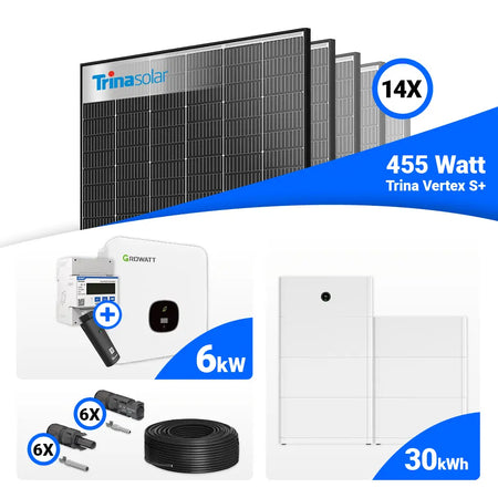 Komplettset für PV 6 kWp: 14x Trina 455W Black Frame Solarmodule + Growatt MOD 6000TL3-XH BP, Speicher optional.