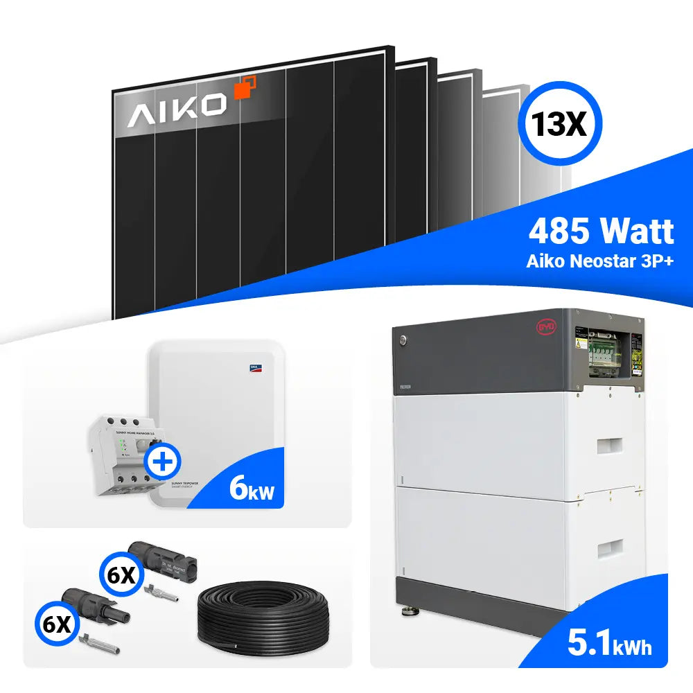 6 kWp Photovoltaik-Komplettanlage mit AIKO 485W Black Frame und SMA STP6.0-3SE-40 Hybrid-Wechselrichter für Batteriespeicher.