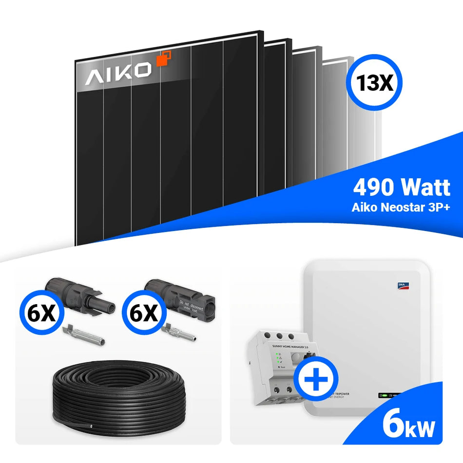 PV Komplettset 6 kWp – 13x AIKO 490W Black Frame & SMA STP6.0-3SE-40 mit Speicheroption
