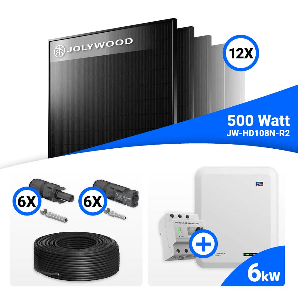 PV Komplettset 6 kWp – 12x Jolywood 500W Full Black  & SMA STP6.0-3SE-40 mit Speicheroption
