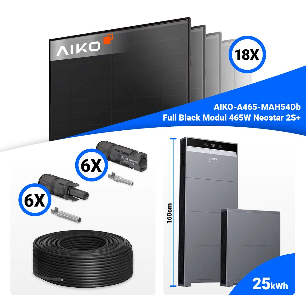 PV Anlage 8 kWp Set – 18 AIKO 465W Full Black Module inkl. Anker X1-H8K-T Hybrid-Inverter, optionaler Batteriespeicher