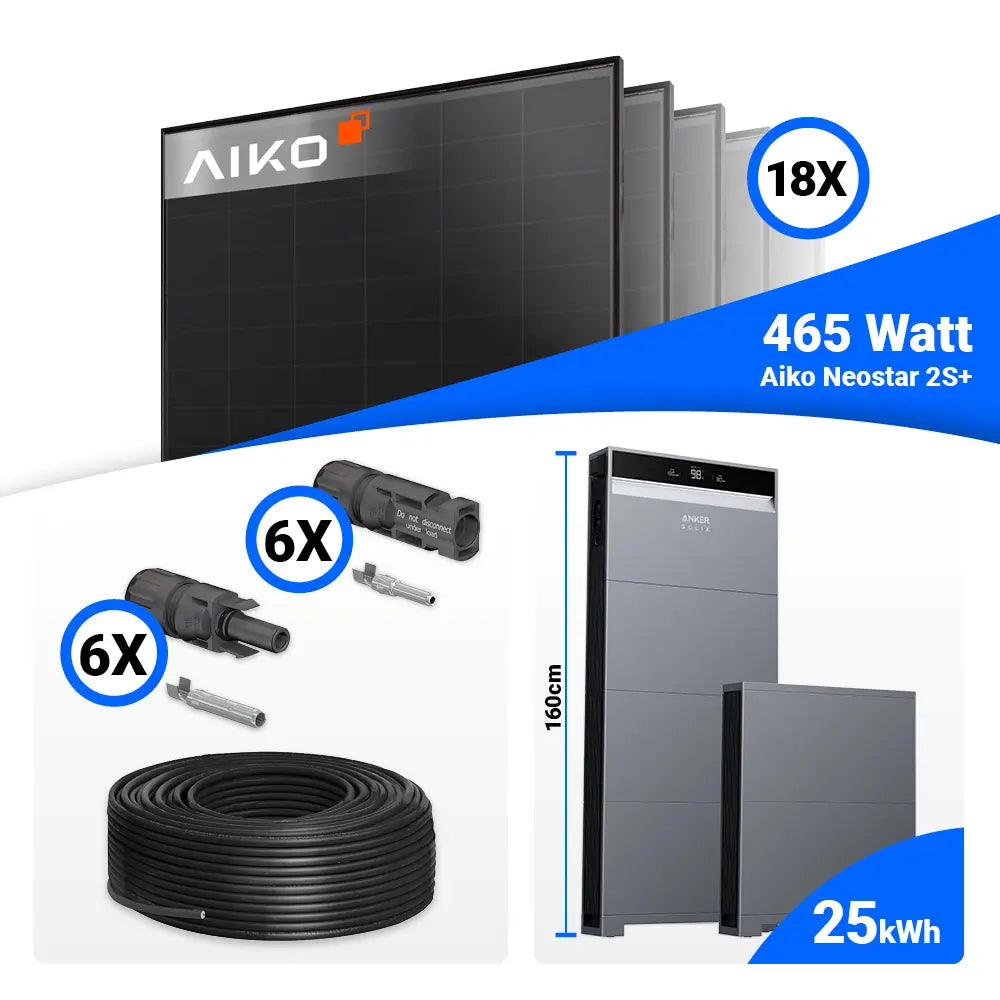 Photovoltaik Set 8 kWp mit 18 AIKO 465W Full Black und Anker X1-H8K-T Hybridwechselrichter