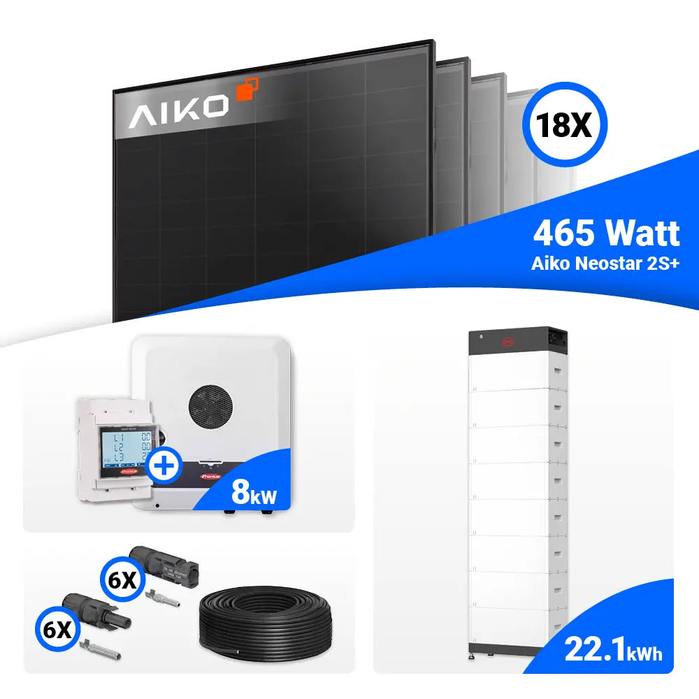 8 kWp Solaranlage Komplettset AIKO 465W Full Black und Fronius SYMO GEN24 8.0 Plus Hybridlösung