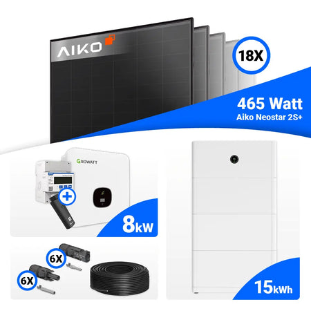Photovoltaik Komplettpaket 8 kWp – 18x AIKO 465W Full Black, Growatt MOD 8000TL3-XH BP, speicherfähig.
