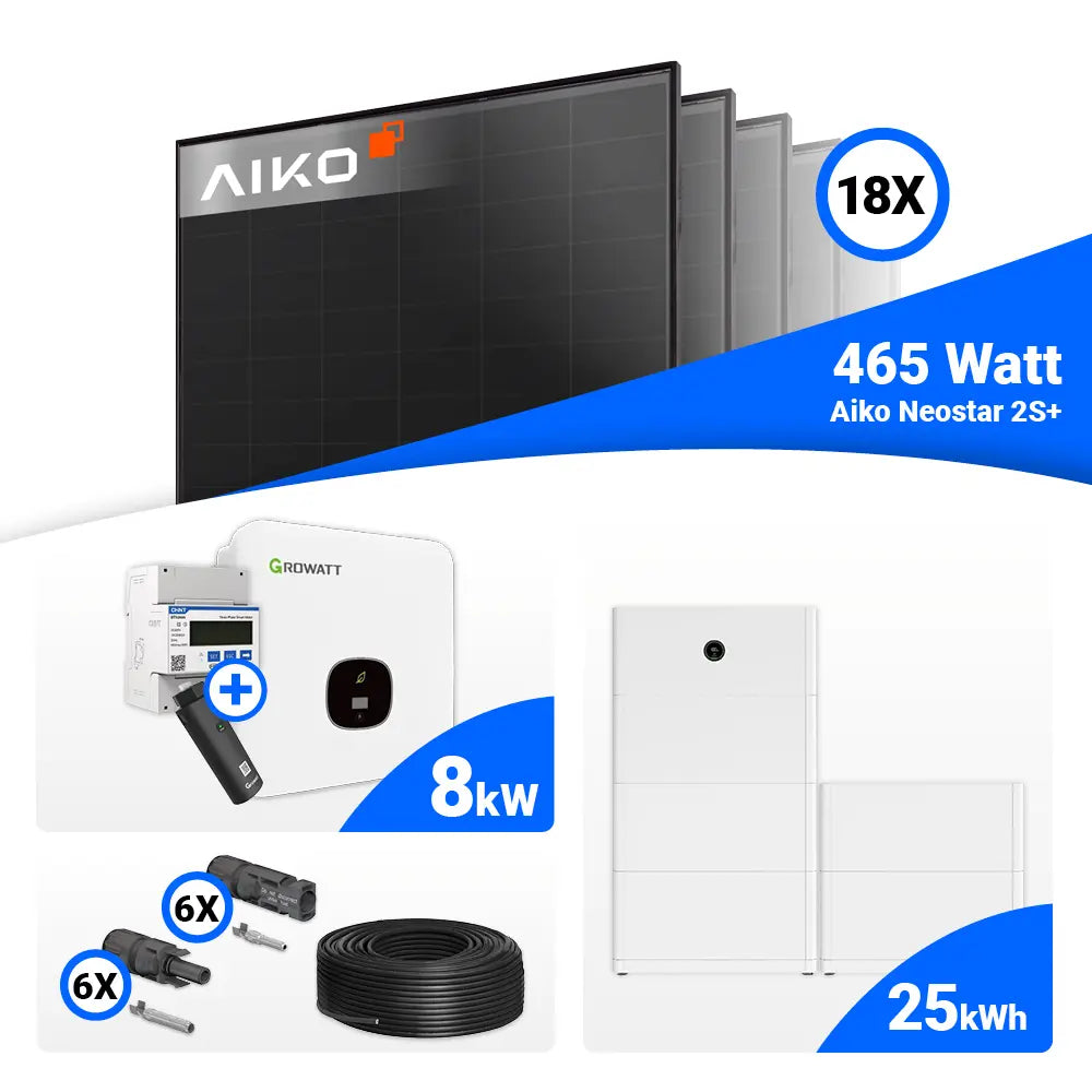 Komplettset für PV 8 kWp: 18x AIKO 465W Full Black Solarmodule + Growatt MOD 8000TL3-XH BP, Speicher optional.