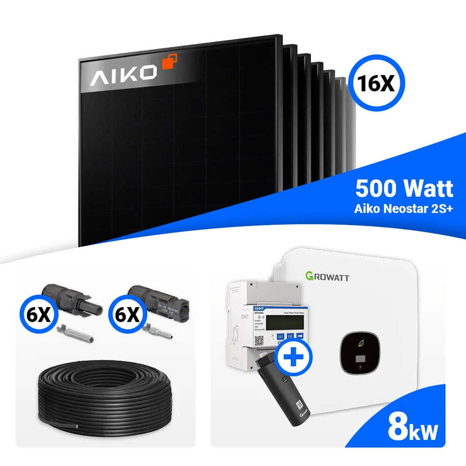 PV Komplettset  8kWp – 16x AIKO 500W Full Black & Growatt MOD 8000TL3-XH BP mit Speicheroption
