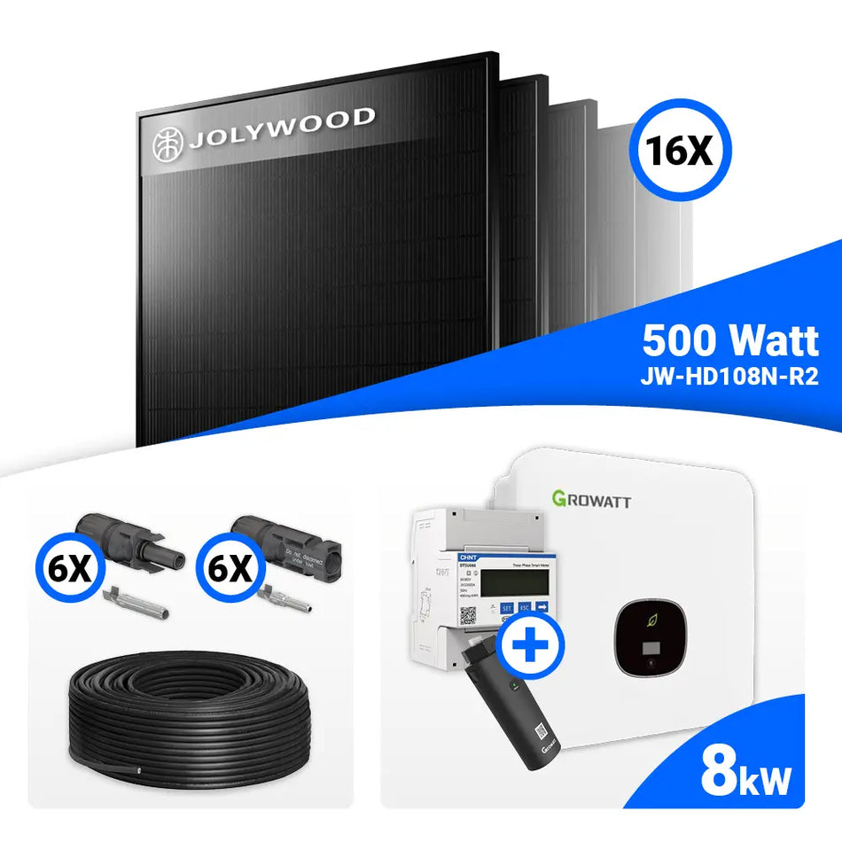 PV Komplettset  8kWp – 16x Jolywood 500W Full Black & Growatt MOD 8000TL3-XH BP mit Speicheroption
