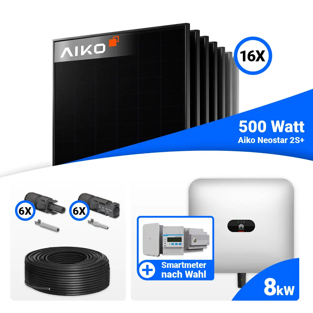 PV Komplettset 8 kWp mit AIKO 500W Full Black und Huawei SUN2000-8KTL-M1