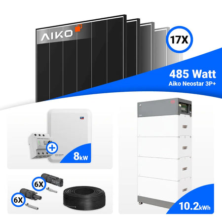 PV Anlage 8 kWp Komplettpaket mit AIKO 485W Black Frame Solarmodulen und SMA STP8.0-3SE-40 speicherfähig.