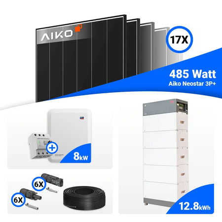 Photovoltaik Komplettsystem 8 kWp mit 17x AIKO 485W Black Frame und SMA STP8.0-3SE-40 mit Speicheranschluss.