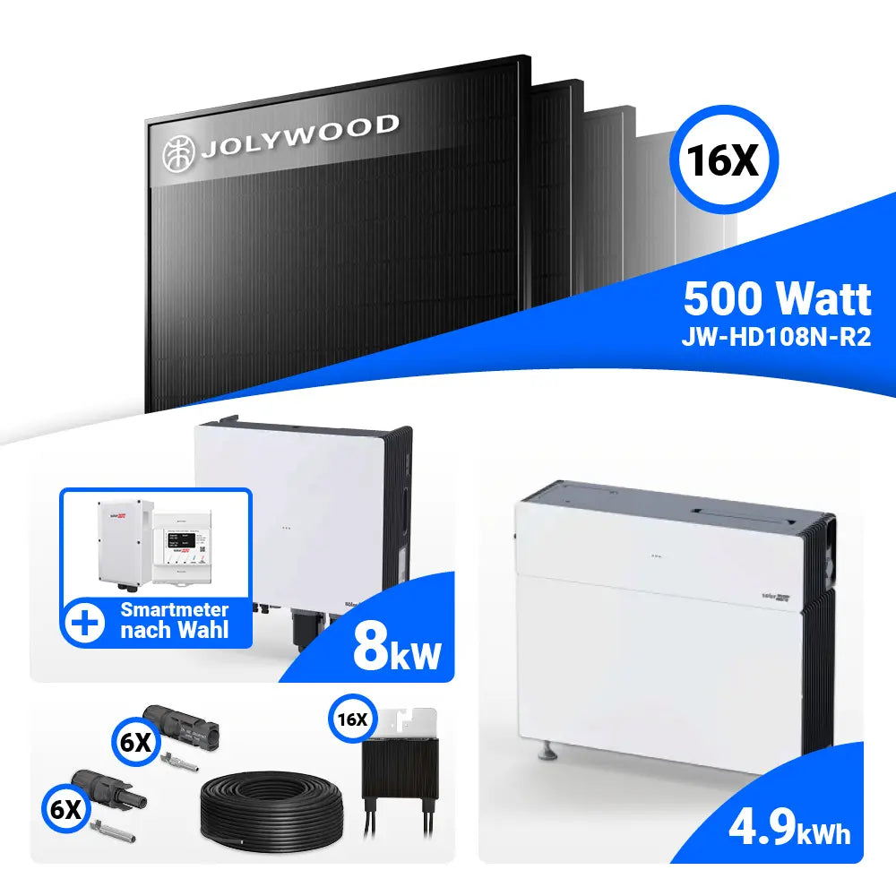 PV Komplettset 8 kWp Jolywood 500W Full Black & SolarEdge Nexis Battery Stack 5
