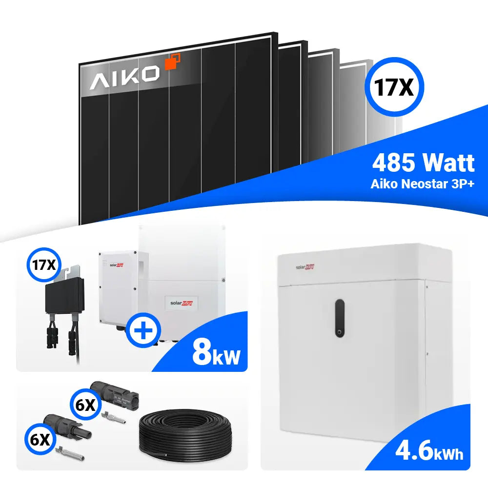 8 kWp Photovoltaik Komplettset mit AIKO 485W Modulen und SolarEdge SE8K, Speicheroption mit oder ohne Backup – erhältlich bei SH24.