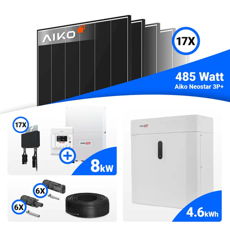 PV Komplettset 8 kWp mit 17x AIKO 485W Black Frame und SolarEdge SE8K Wechselrichter, optional mit Speicher und Backup – kaufen bei SH24.