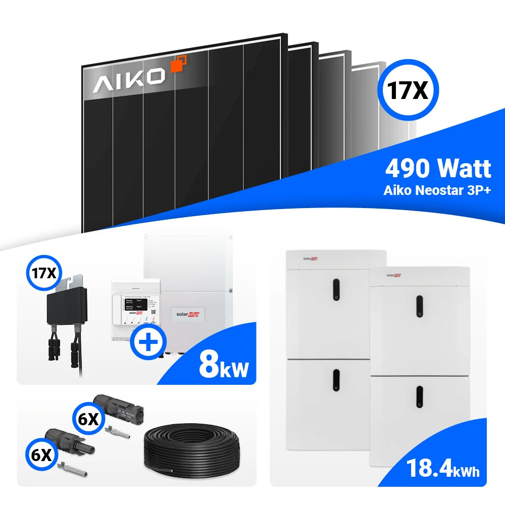 8 kWp Solar Komplettset mit 17x AIKO 490W Black Frame + SolarEdge SE8K – Stromkosten senken, Speicheroption verfügbar