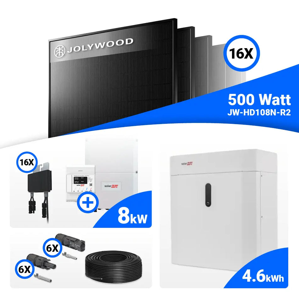 PV Komplettset 8 kWp – 16x Jolywood 500W Full Black & Solaredge SE8K mit Speicheroption